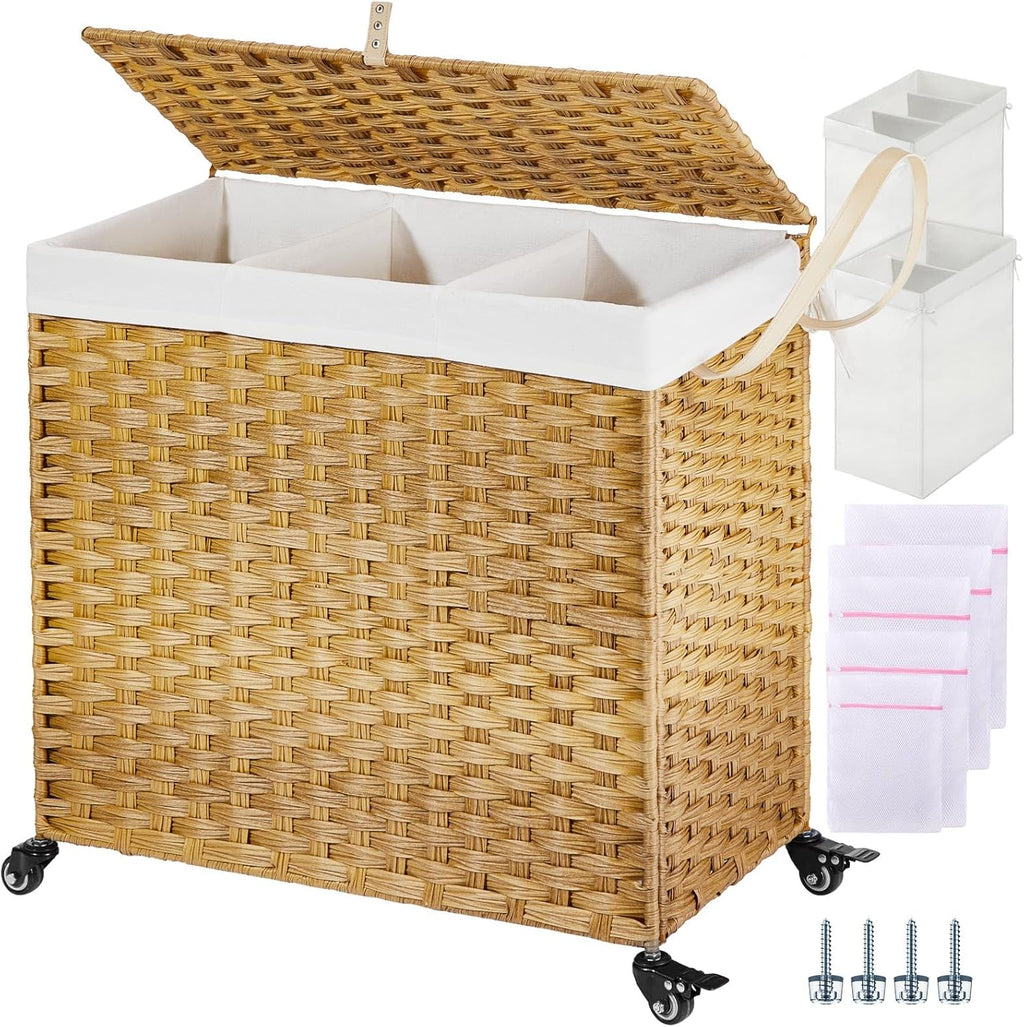 Greenstell Laundry Hamper with Wheels&Lid, 130L Large 3 Sections Clothes Hamper with 2 Types Removable Liner Bags, 5 Mesh Laundry Bags, Handwoven Divided Laundry Basket for Clothes, Natural