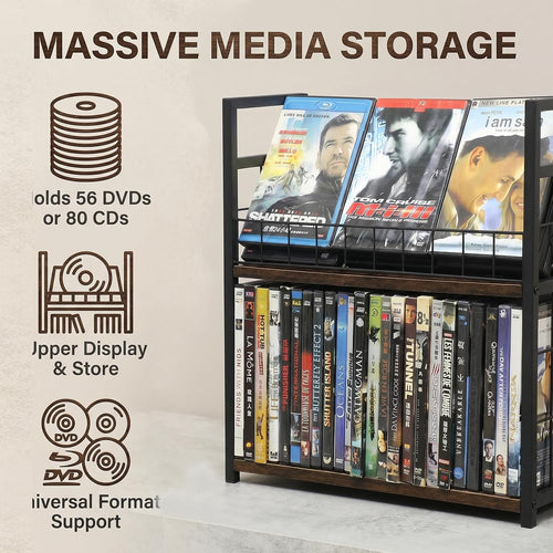 2-Tier DVD Storage Rack & CD Display Shelf, Holds 56 DVD Cases, Stackable Metal Media Organizer Tower for Blu Ray, Video Games, VHS Tapes