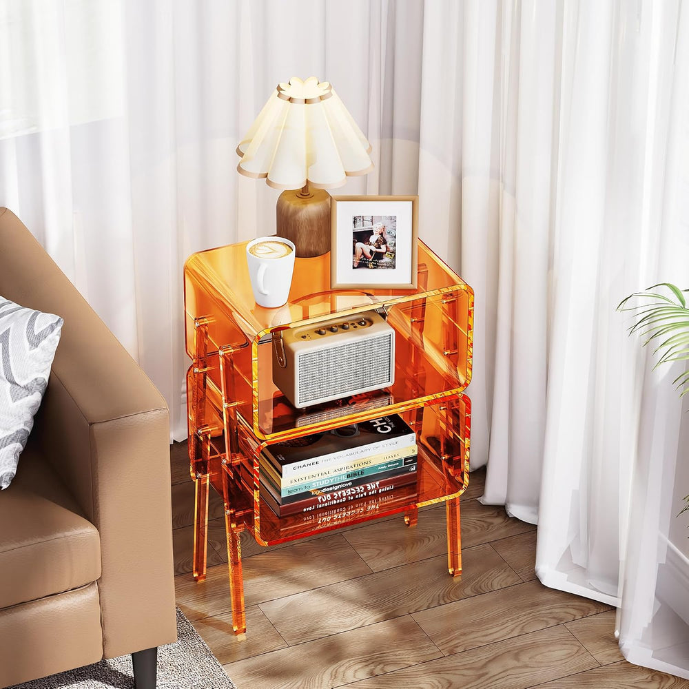 Acrylic Side Table, 2-Tier End Table with Open Storage for Small Spaces, Clea...
