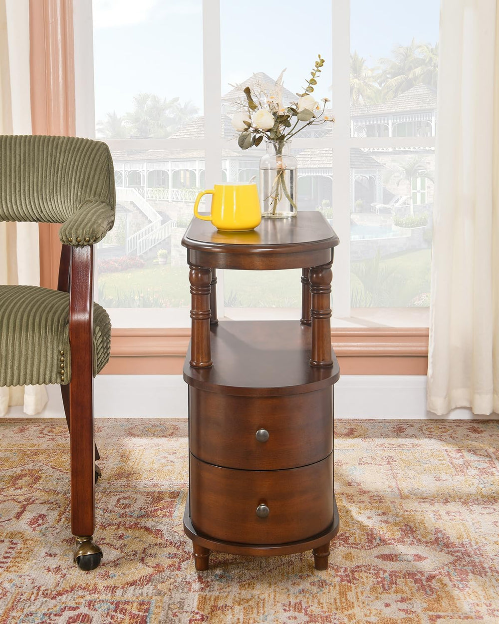 Biaco Solid Wood End Table with 2 Drawers & Shelf - Cherry Walnut Vintage...
