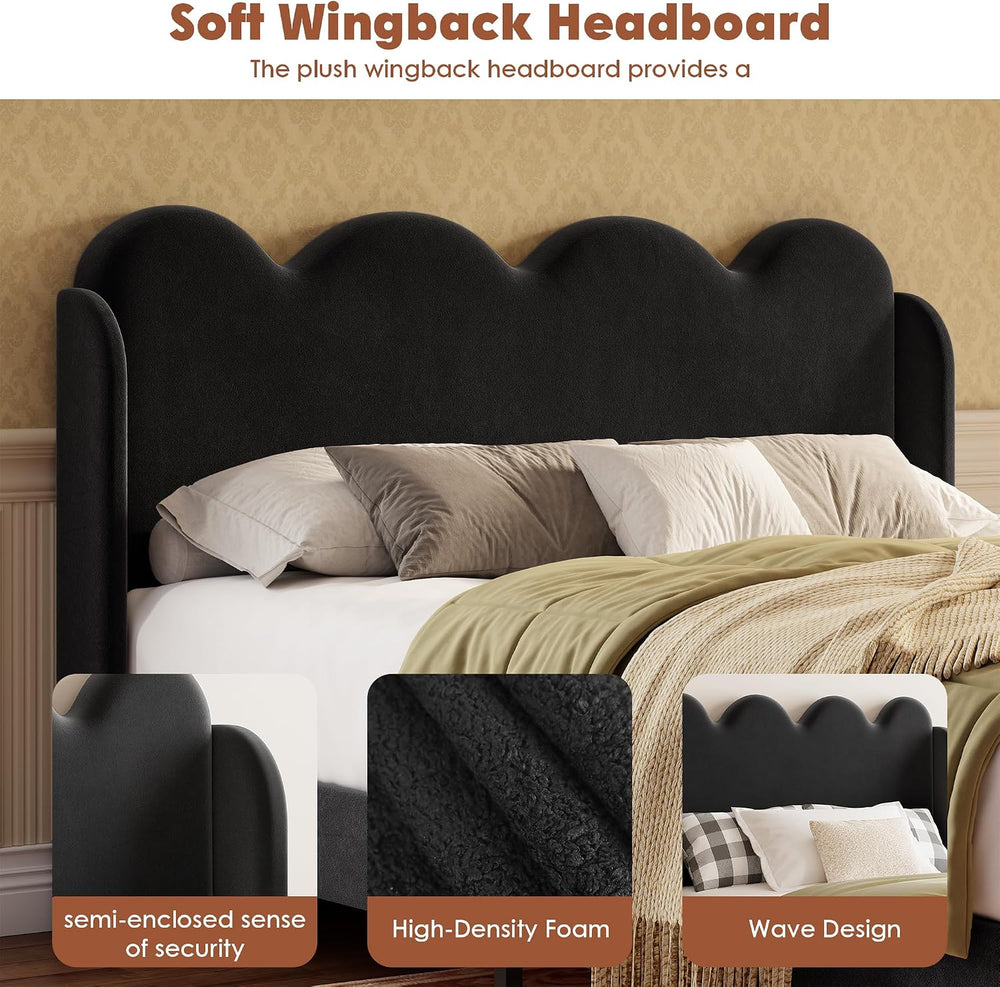 Garvee Chenille Upholstered Full Size Bed Frame, Wingback Design, Black