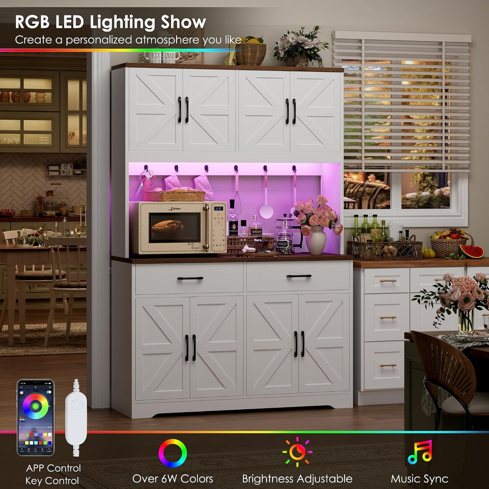 HIFIT 71" LED Pantry Cabinet with Charging Station, Tall Coffee Bar Cabi...