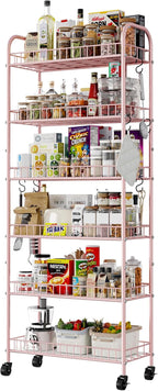 6 Tier Slim Rolling Storage Cart with Wheels, Metal Mobile Shelving Unit Organizer Utility Cart for Office Bathroom Kitchen Laundry Room Narrow Places (Pink 10 Inches)
