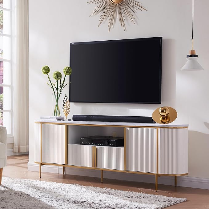 OKD Luxury 70" Fluted TV Stand, Modern Chic Entertainment Center for TVs Up to 80 inches, TV Console with Faux Marble Top, Curved Profile Design, Media Console for Living Room, Off White
