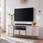 OKD Luxury 70" Fluted TV Stand, Modern Chic Entertainment Center for TVs Up to 80 inches, TV Console with Faux Marble Top, Curved Profile Design, Media Console for Living Room, Off White