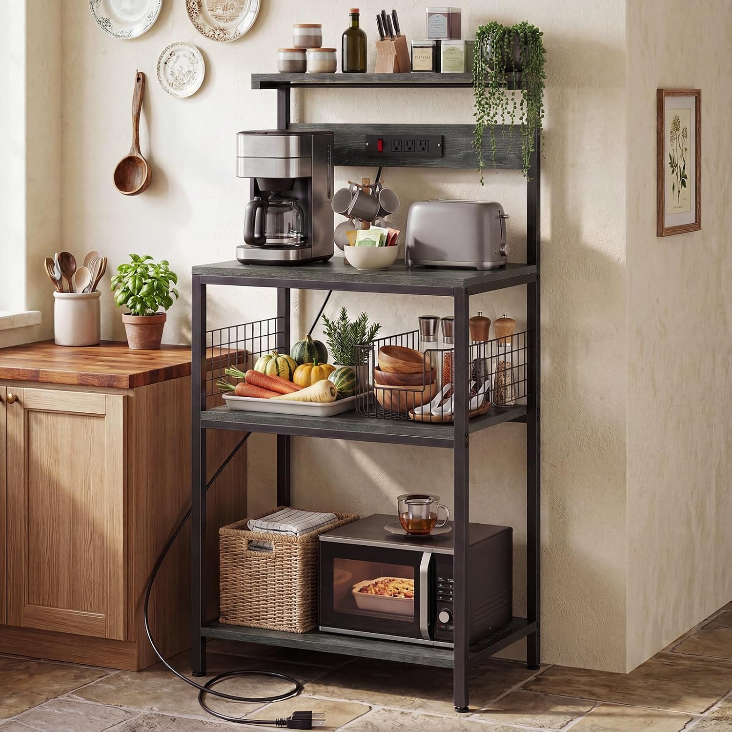 OLIXIS Standing Bakers Rack with Power Outlet, 23.6 Inch Microwave Stand | Kitchen Storage Rack, 3 Adjustable Shelves, Coffee Bar Organizer, Small Appliances, Space Saver, Grey