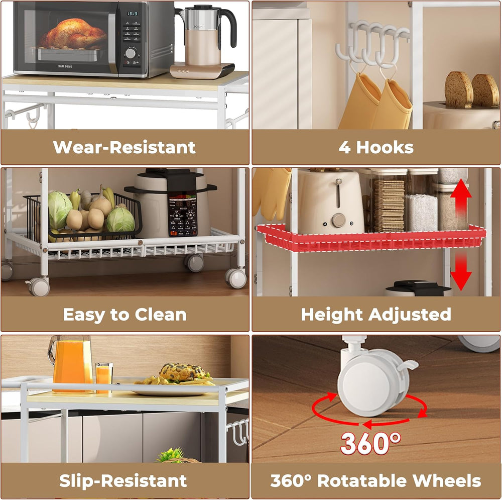 Microwave Kitchen Cart with 2 Lockable Wheels, White Kitchen Storage Cart wit...