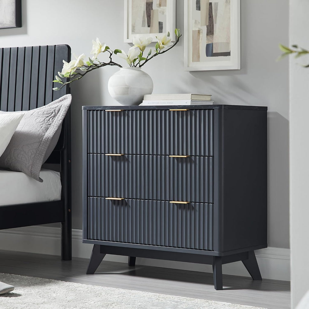 T4TREAM Fluted 3 Drawers Nightstand Set of 2, Oversized Extra Large Modern Side Table with Faux Marble Top, End Table Bedside for Bedroom, Living Room, Curved Profile Design, Dark Grey