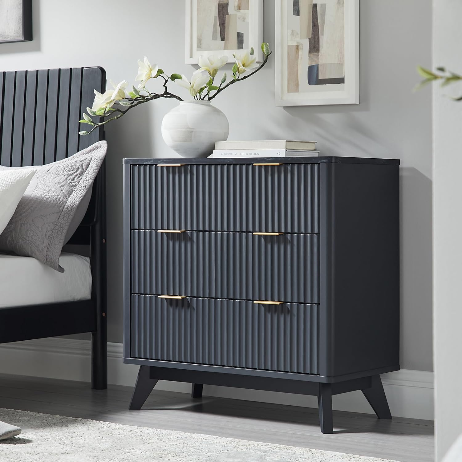 T4TREAM Fluted 3 Drawers Nightstand, Oversized Extra Large Modern Side Table with Faux Marble Top, End Table Bedside for Bedroom, Living Room, Curved Profile Design, Dark Grey