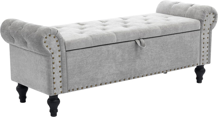 51" Storage Bench for Bedroom, Upholstered Ottoman Bench Chenille LightGray