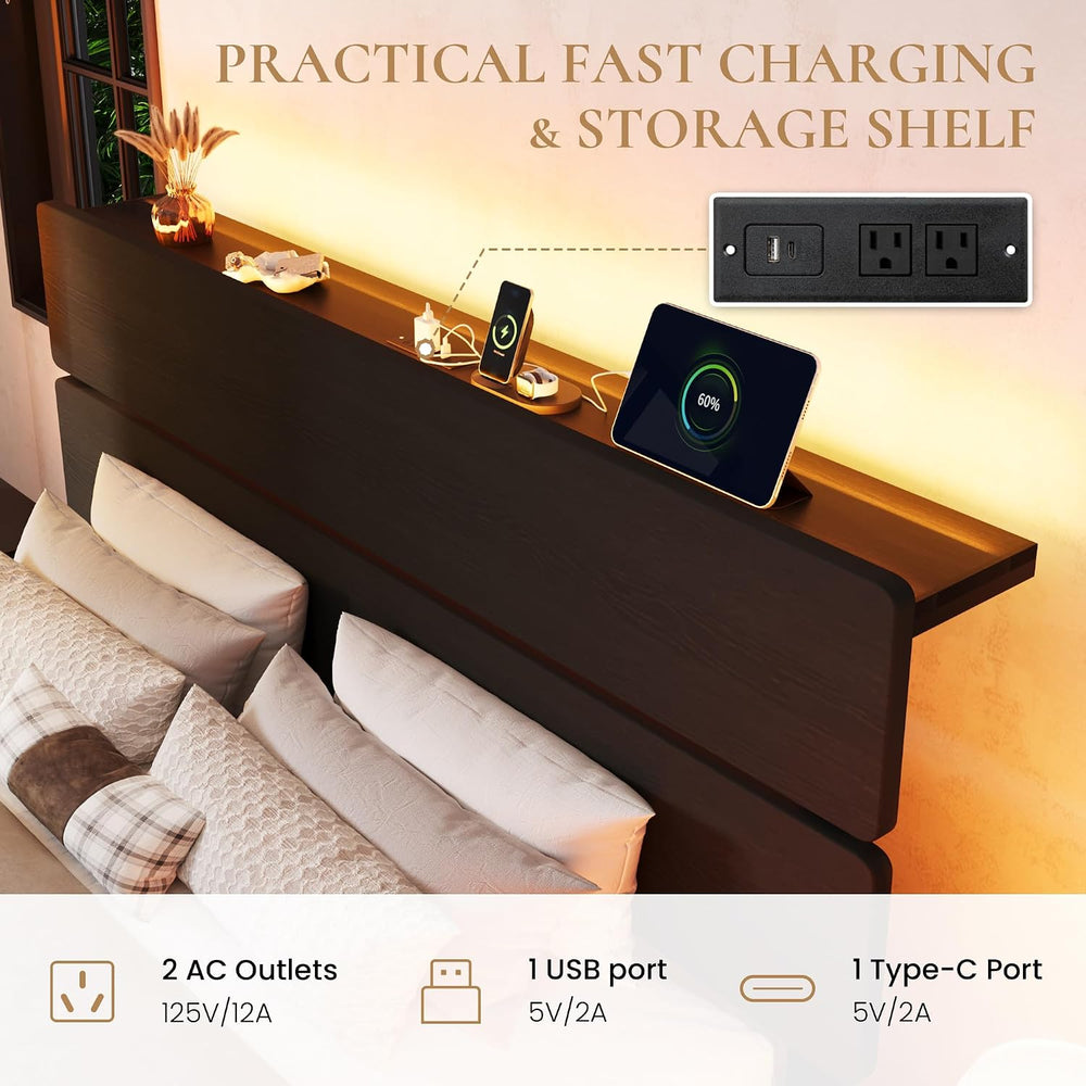 SHA CERLIN Queen Led Bed Frame, 2 Storage Drawers, Charging Station, Black