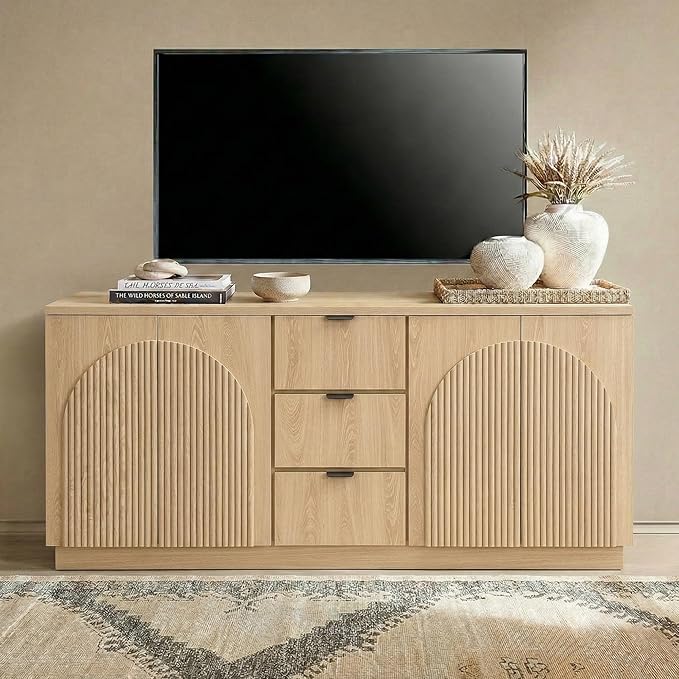 Yechen 67" Fluted TV Stand with Arched Reeded Design Doors &3 Drawers, Modern Entertainment Center with Storage for TV up to 75", TV Media Console, TV Cabinet for Living Room, Bedroom
