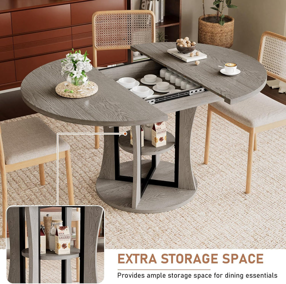 Extendable Round Dining Table for 4-6-8, 43.3-59in Expandable Kitchen Table w...