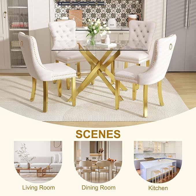 51 Inch Glass Dining Table Set for 4, Rectangular Glass Kitchen Table with 4 Upholstered Velvet Accent Chairs, 5 Piece Modern Dining Room Set, for Home, Apartment, Small Spaces - Beige Gold