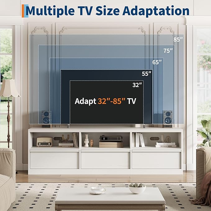 IDEALHOUSE 70 inch TV Stand for 80" TVs, Mid Century Modern Entertainment Center with Storage Drawer & Open Shelves, Wood Media Console Cabinet for Living Room/Bedroom, White