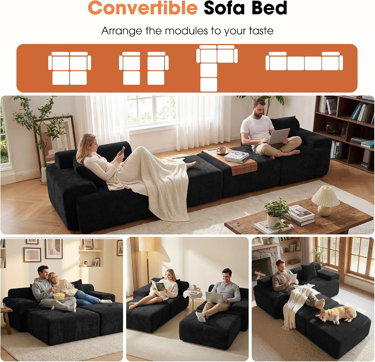 84" Modular Boneless Sofa Bed, Loveseat Couch with Ottomans, Black | Sectional Modular Couch, 15.4" Wider Armrest, 12" Thick Back, 2 Free Pillows, Non-Slip Base, Boneless Sofas for Living Room