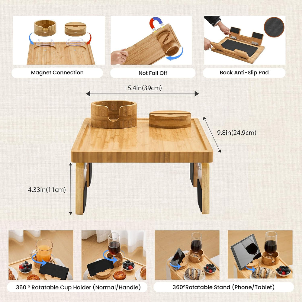 GEHE Real Bamboo Couch Armrest Table, 15.4"x9.8" Couch Arm Tray Tab...