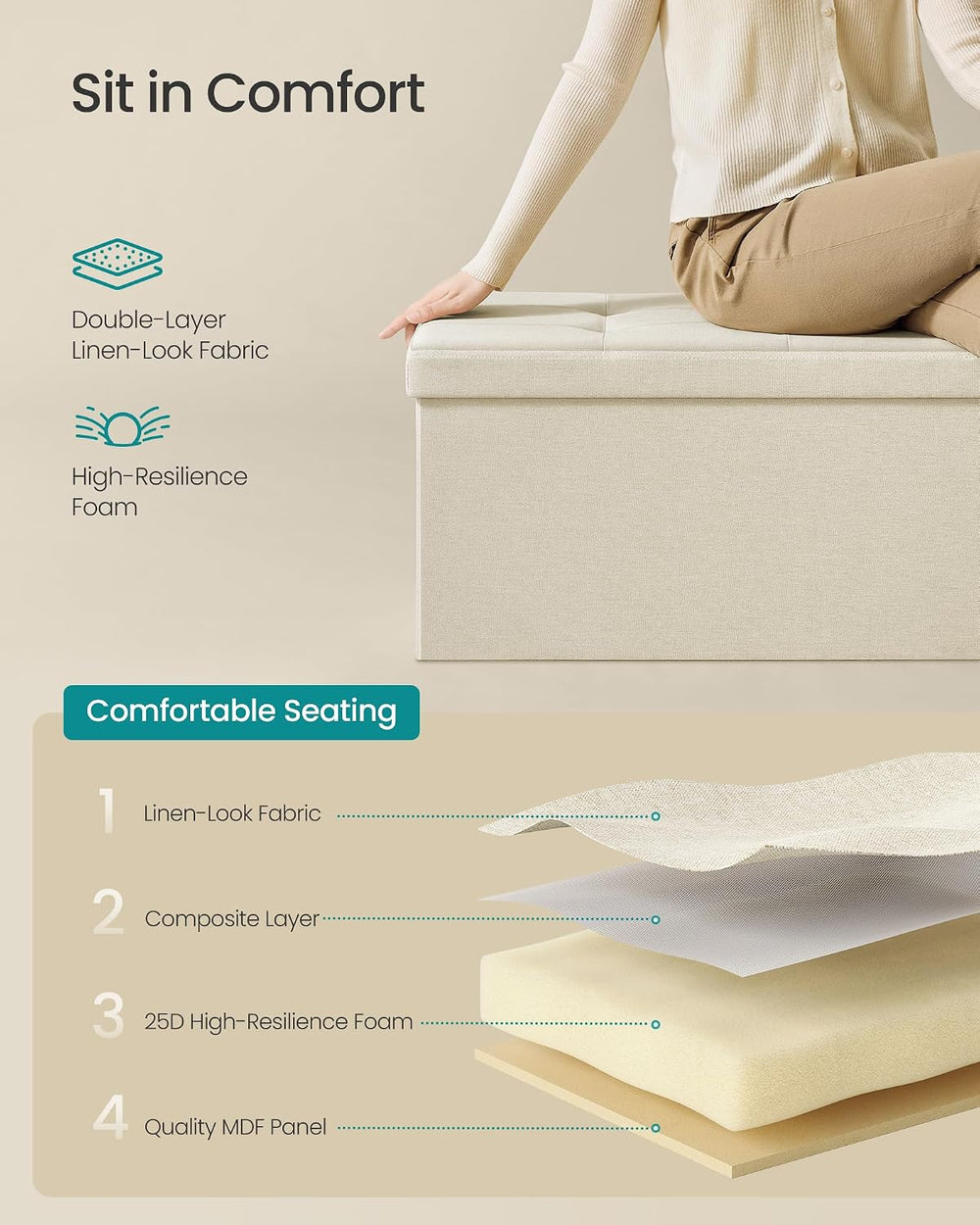 SONGMICS 43.3 Inches Folding Storage Ottoman Bench, Load 660 lb | Ottoman Foo...
