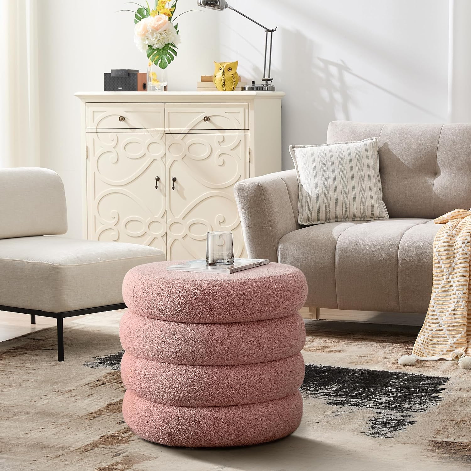 20.1 Inch Round Storage Ottoman, Modern Sherpa Ottoman Coffee Table with Removable Top, Pink Vanity Stool with Storage for Bedroom, Living Room, Dorm, Set of 1