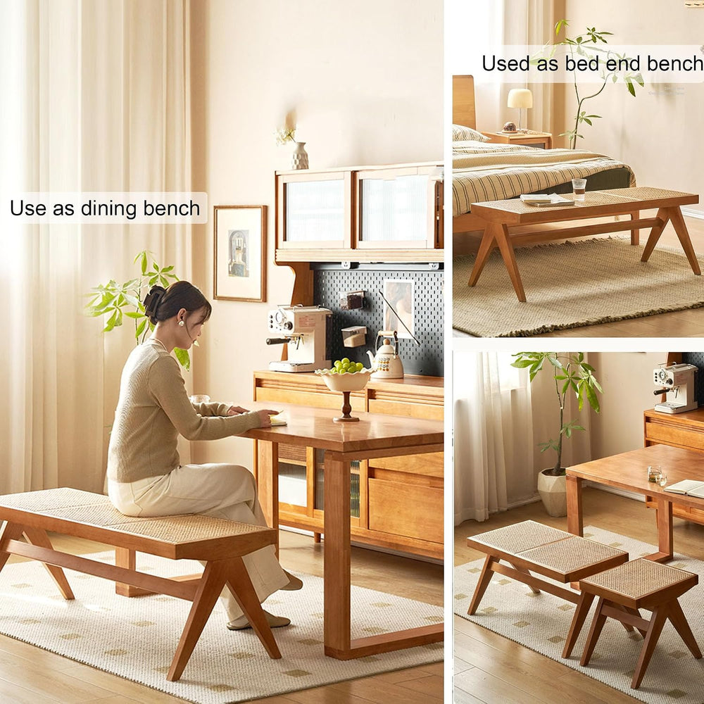 Wood Rattan Entryway Dining Bench Seat Wooden Indoor End of Bed Bench for Bed...