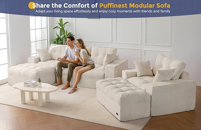 MAXYOYO Sectional Sofa Couch and Chaise Lounge, L Shaped Modern Cloud Couch with Ottoman, Comfy Sofa with Layered Cushion, Tufted Upholstered Sleeper Chair for Living Room, No Assembly Required, Beige