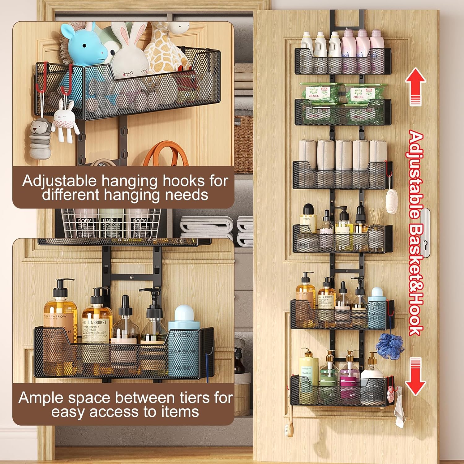 Over The Door Organizer, Metal Hanging Door Organizer with 6 Adjustable Baskets and 5 Hooks, Behind The Door Storage for Closet Cabinet Kitchen Bathroom Bedroom Pantry Organizer, Black