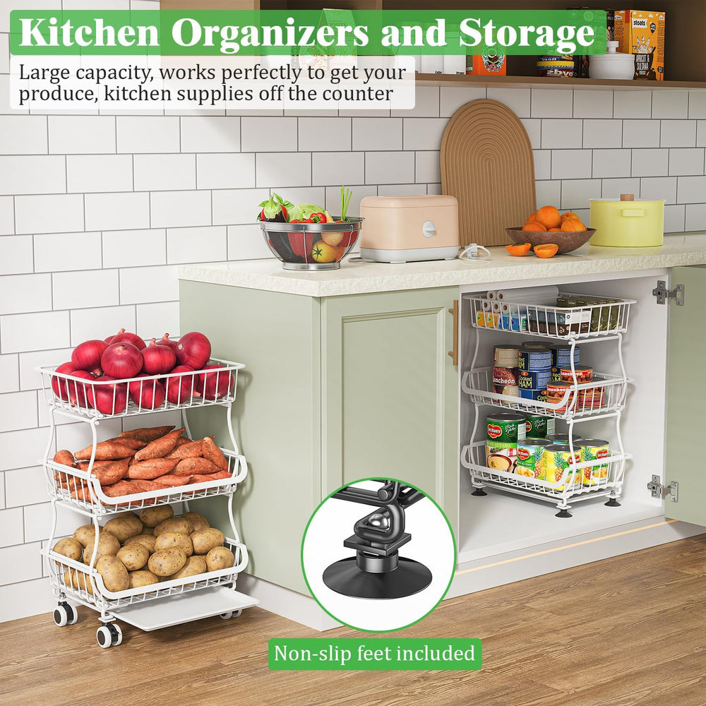 3 Tire Rolling Pantry Organizers and Storage Cart on Wheels | Metal Frame, Un...