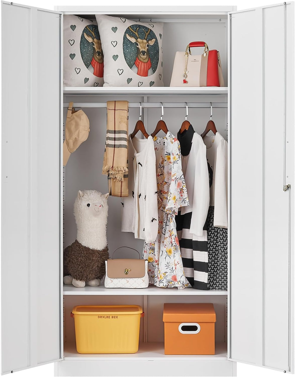 Metal Wardrobe Cabinet with Hanging Rod & Lock,White Armoire Wardrobe Clo...