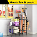 GIOTORENT 5 Tier Garden Tool Organizer, Metal Yard Tools Storage Rack, Garage Storage and Organization, Heavy Duty Garden Tool Organizer for Garage, Yard, Patio, Shed, Indoors and Outdoors, Black