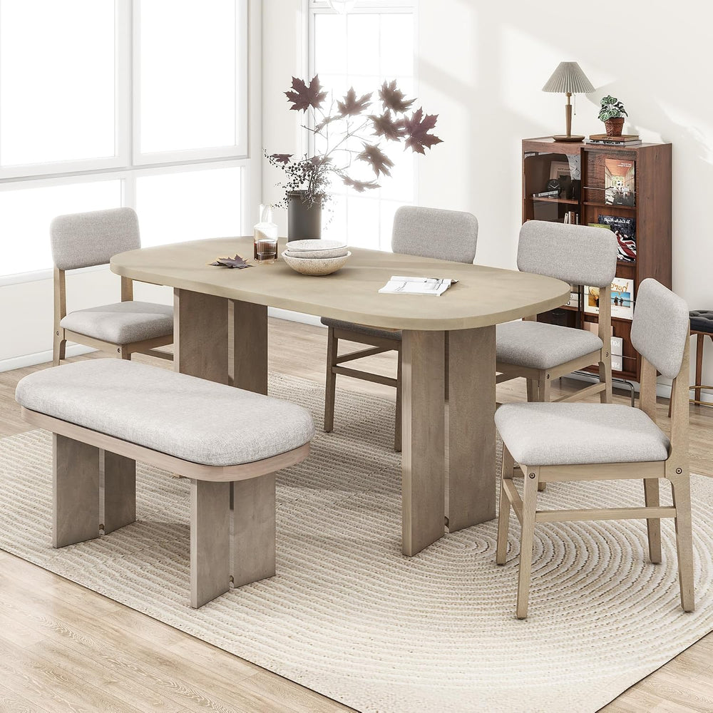 6 Pieces Wood Dining Table Set with Bench, Farmhouse Rectangular Table with 4...