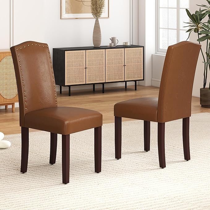 LSSBOUGHT PU Dining Chair Set of 2 Upholstered Parsons Kitchen Chair with Copper Nails and Solid Wood Legs for Dining Room,Restaurant(Brown)
