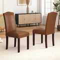 LSSBOUGHT PU Dining Chair Set of 2 Upholstered Parsons Kitchen Chair with Copper Nails and Solid Wood Legs for Dining Room,Restaurant(Brown)