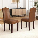 LSSBOUGHT PU Dining Chair Set of 2 Upholstered Parsons Kitchen Chair with Copper Nails and Solid Wood Legs for Dining Room,Restaurant(Brown)