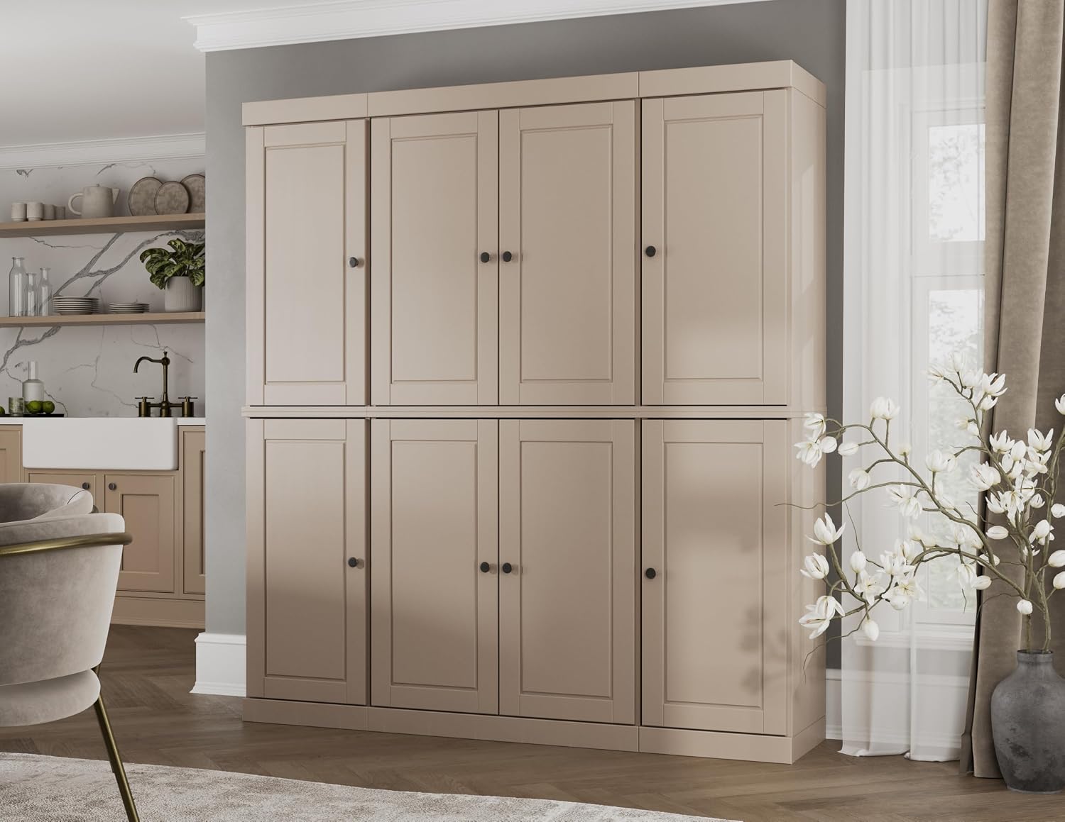 Palace Imports Solid Wood Pantry Cabinet - 71.5" Tall, 65" Wide - Wooden Storage Cabinet w/ 2-Drawer Kit & Adjustable Shelves - Beige, Renewable Eco-Friendly 100% Wood, Made in Brazil