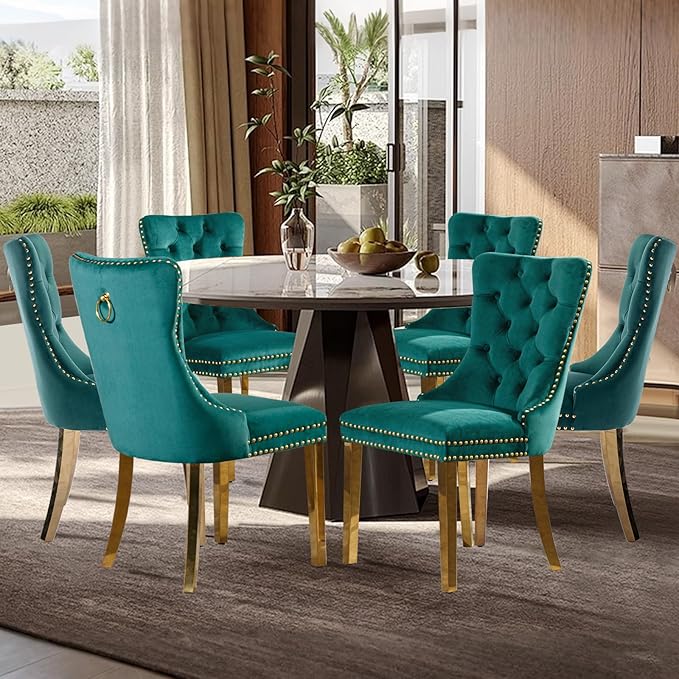 Velvet Upholstered Dining Chairs Set of 6, Modern Style Kitchen Side Chairs with Nailhead Trim and Gold Plated Leg, Metal Pulling Ring for Dining Room Living Room(Green,Set of 6)