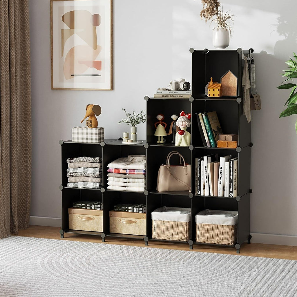 AWTATOS Cube Storage Organizer Closet Storage Shelves DIY Stackable Plastic Storage 12 Cube Bookshelf, Ideal Storage Organizer for Closet, Home, Bedroom, Black