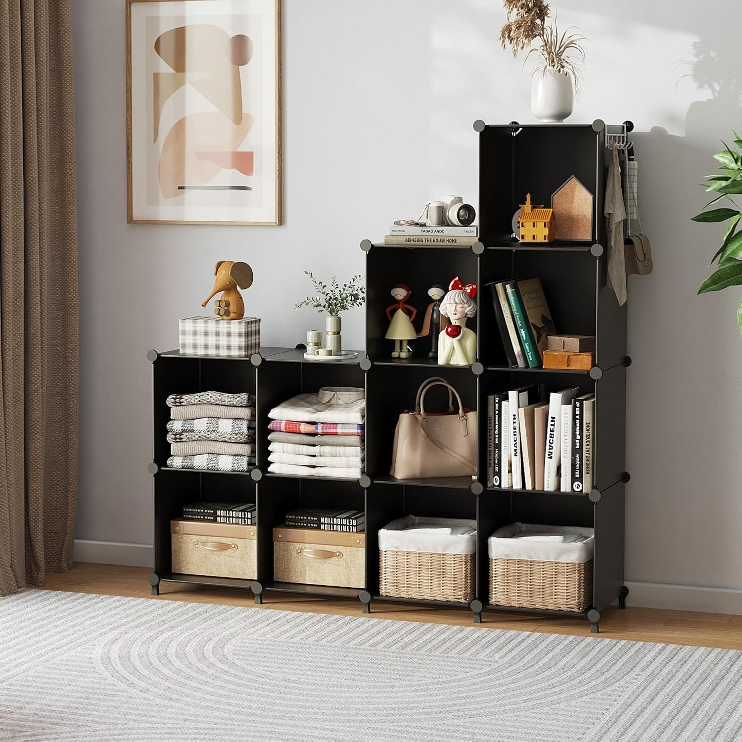 AWTATOS Cube Storage Organizer Closet Storage Shelves DIY Stackable Plastic Storage 12 Cube Bookshelf, Ideal Storage Organizer for Closet, Home, Bedroom, Black