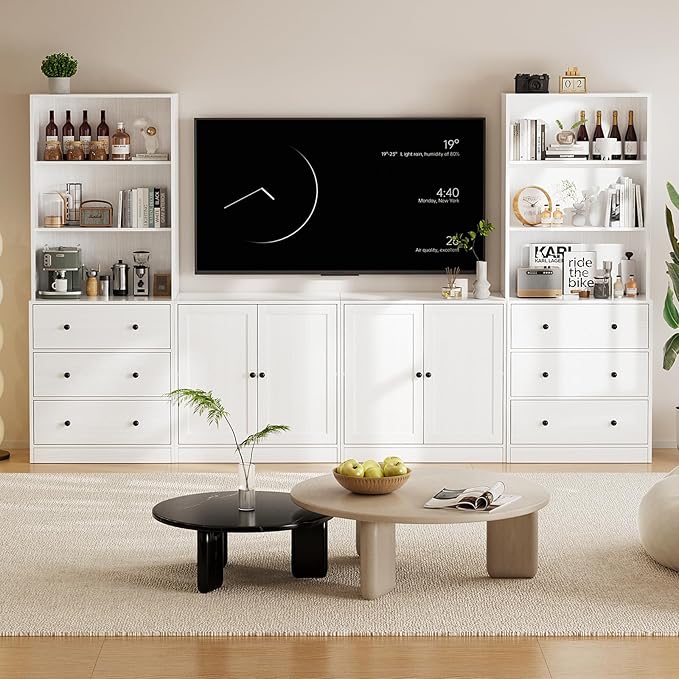 TUSY 71" Large TV Stand Set - TV Entertainment Center for TVs up to 65", Media Center with Tempered Glass Doors and Drawer, TV Hutch with Bookshelves for Living Room (White, BCCB)