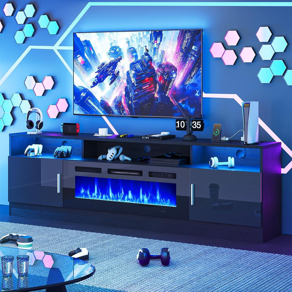 oneinmil 70 Inch Electric Fireplace TV Stand with Power Outlets, Modern Entertainment Center with LED Lights & Storage Cabinets for 80 Inch TVs, Media Console Table for Living Room, Black