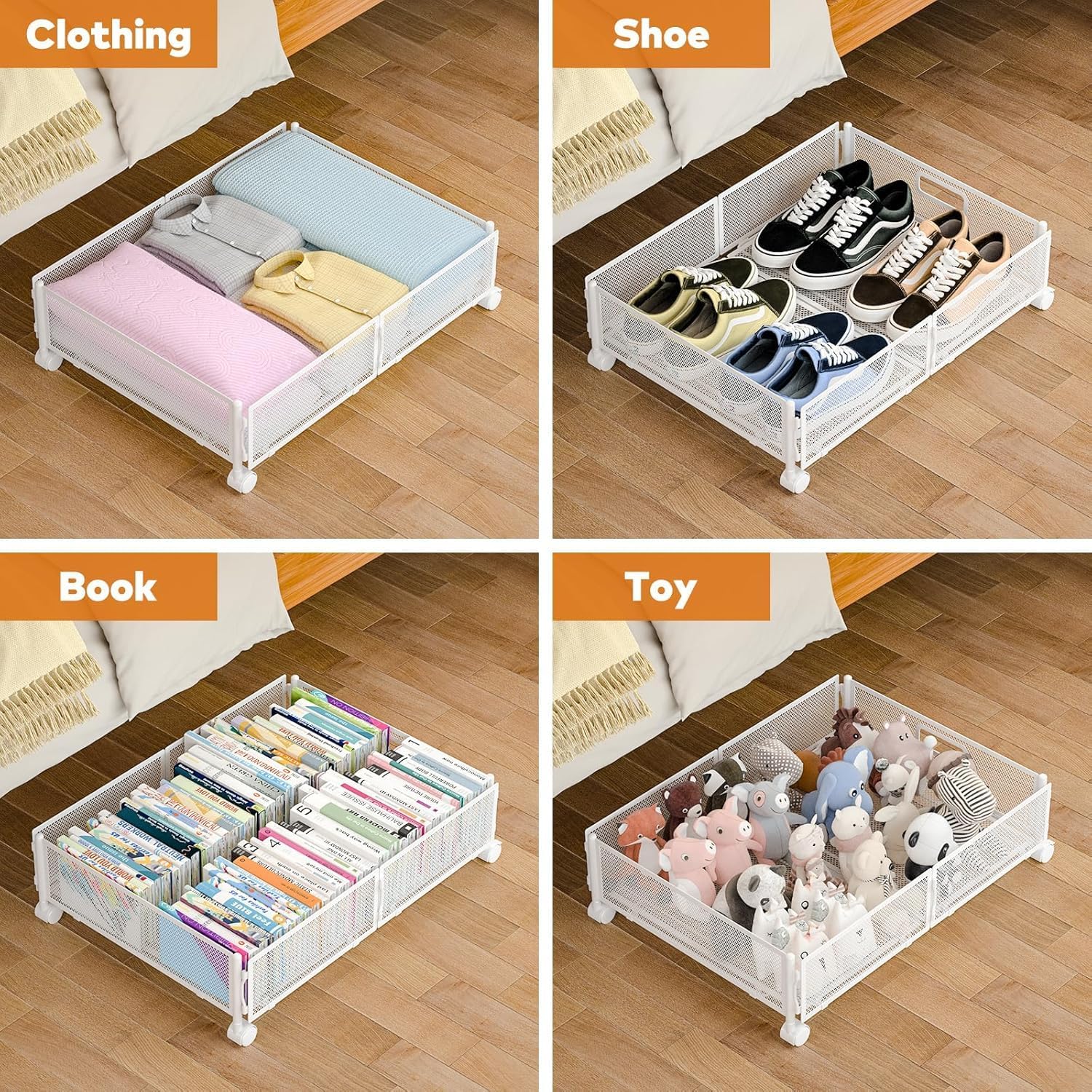 Under Bed Storage with Wheels, Rolling Under Bed Storage Bins for Shoes Clothes, Foldable and Easy Mobility (2 Pack, White)