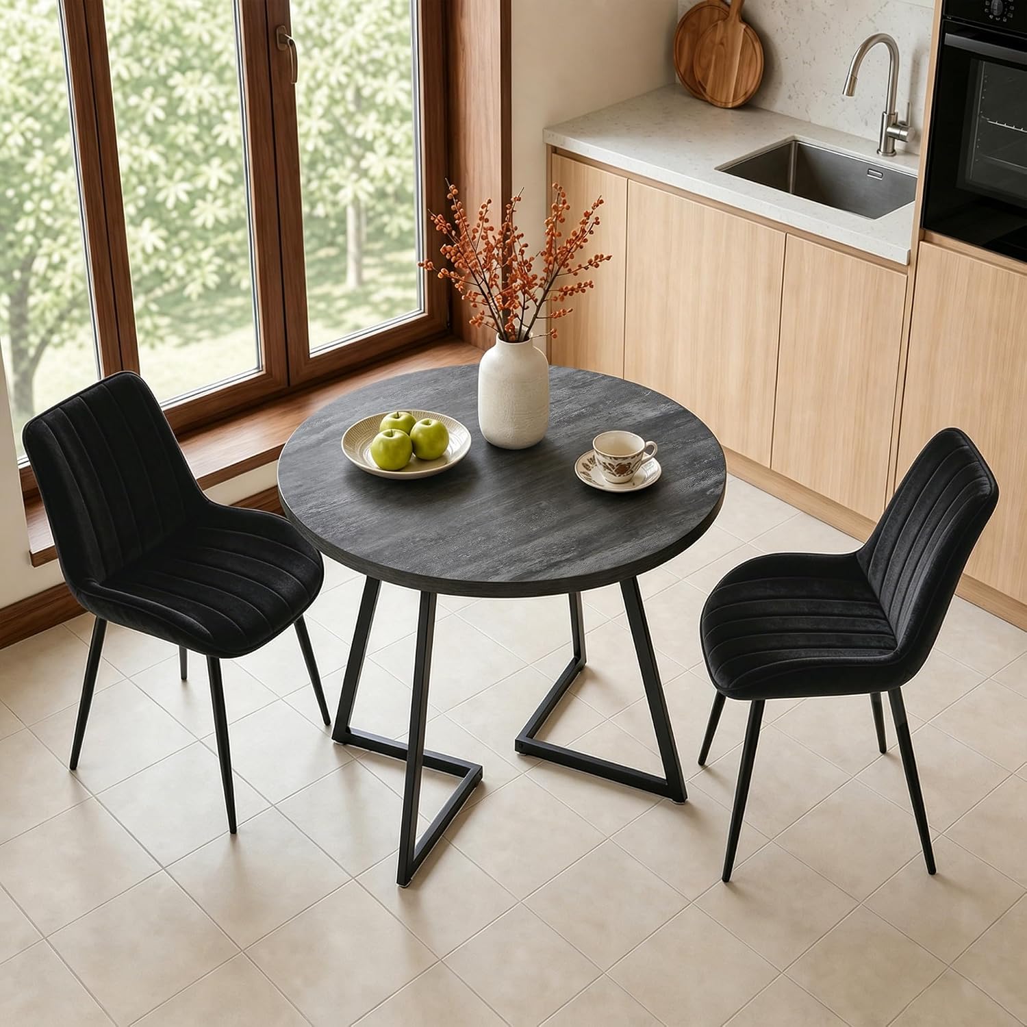 VECELO 3-Piece Dining Table Set, Round Kitchen Table with 2 Velvet Upholstered Chairs, Space Saving Design for Small Apartment & Home Office, Easy Assembly, Grey & Black