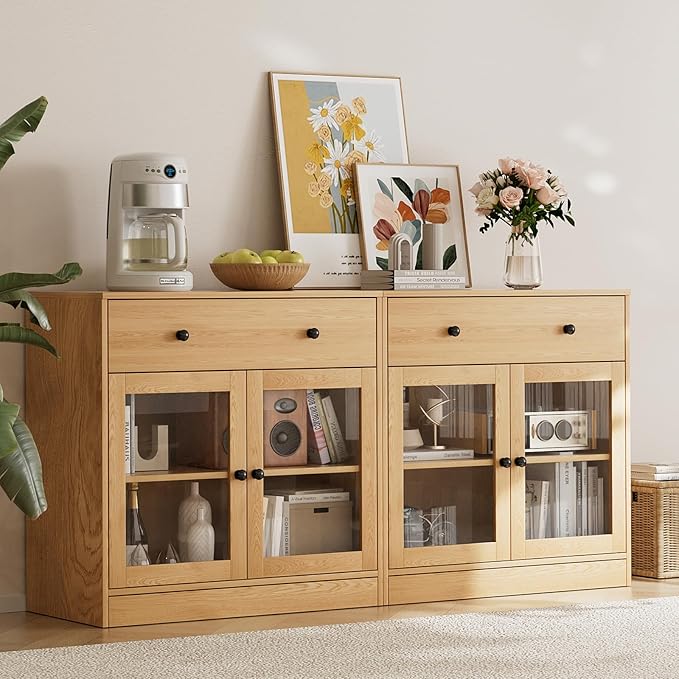 TUSY 71" TV Stand Storage Set - 2 Tall Bookcases & 2 Side Cabinets, Media Console with Glass & Wood Doors, Entertainment Center with Drawers, Tall Media Console for Living Room (Wood, AFFA)