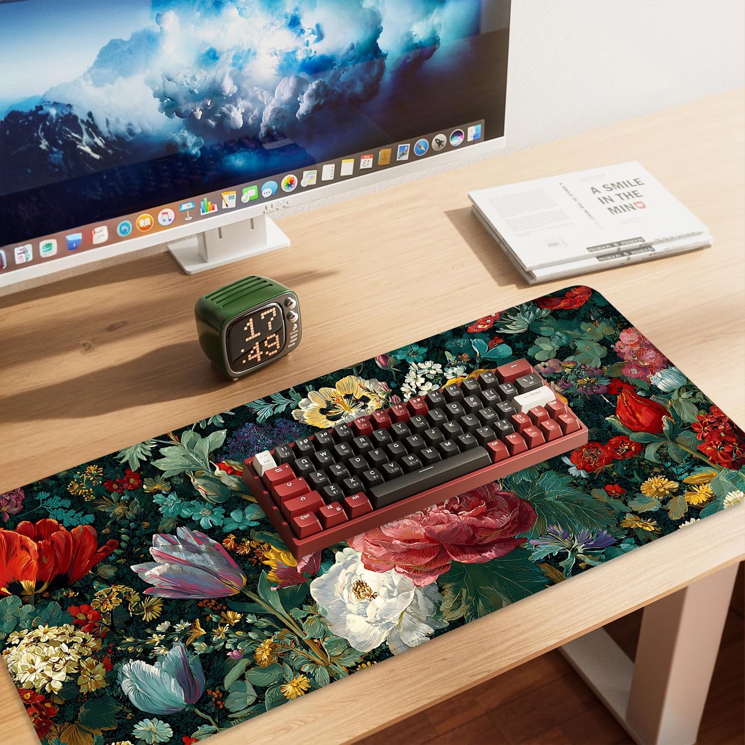 Vintage Oil Painting Floral Mouse Pad – Large Extended Desk Mat 35.43 x 15.75 in – Baroque Style Botanical Design,Oversized Mouse & Keyboard Pad for Art Lovers