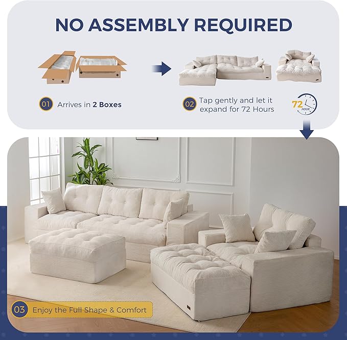 MAXYOYO Sectional Sofa Couch and Chaise Lounge, L Shaped Modern Cloud Couch with Ottoman, Comfy Sofa with Layered Cushion, Tufted Upholstered Sleeper Chair for Living Room, No Assembly Required, Beige
