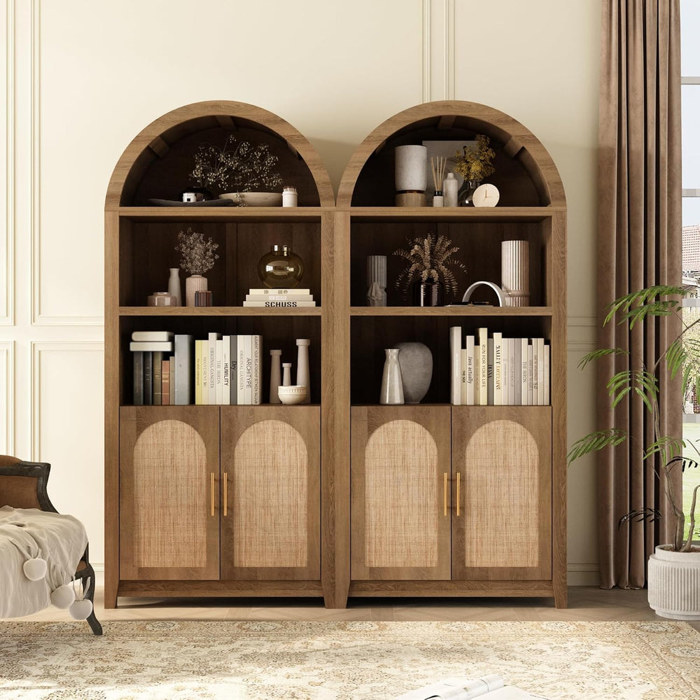 RowyPoey Rattan Arched Cabinet Bookshelf - 69.3” Tall Mid Century Display Cab...