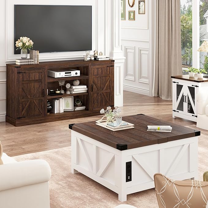 66" Farmhouse TV Stand with Power Outlets for 75 Inch TVs, 33" Tall Entertainment Center with Storage Cabinets w/Adjustable Shelves, Rustic Large TV Media Console for Living Room, Brown