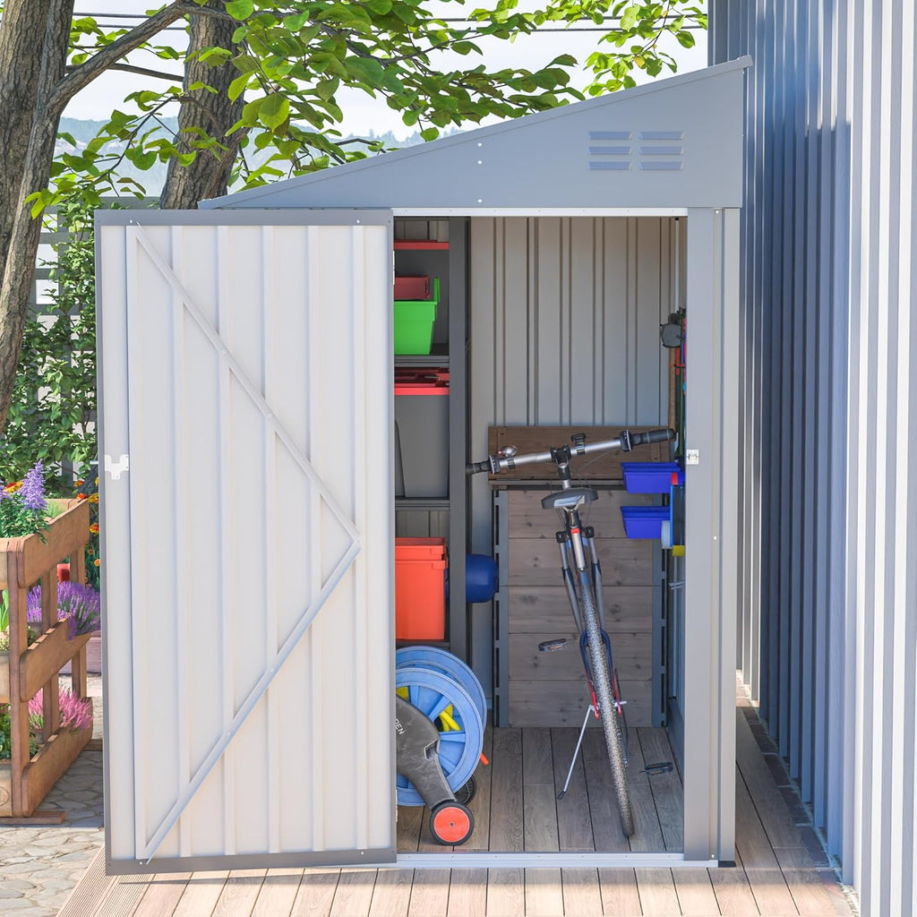 4x7 FT Outdoor Storage Shed,Lean to Lockable Metal Garden Shed Steel with Reinforced Beams,All Weather Waterproof Storage House W/Lockable Door&2 Air Vents,for Backyard,Patio,Lawn,Garden,Gray