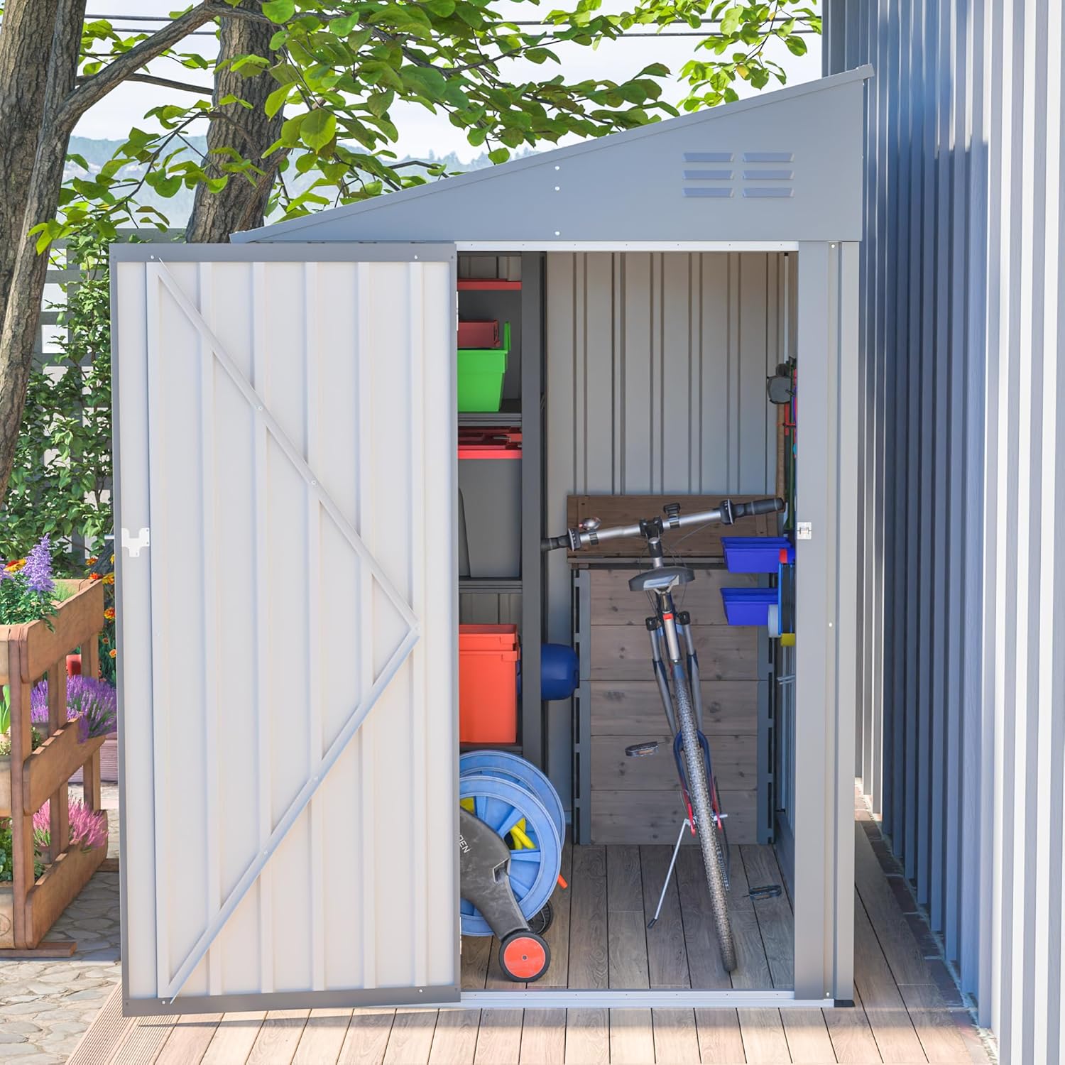 4x7 FT Outdoor Storage Shed,Lean to Lockable Metal Garden Shed Steel with Reinforced Beams,All Weather Waterproof Storage House W/Lockable Door&2 Air Vents,for Backyard,Patio,Lawn,Garden,Gray