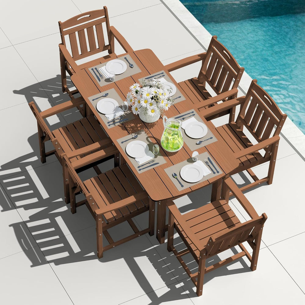 HDPE Outdoor Dining Set, Patio Table and 6 Chairs, 2" Umbrella Hole, Teak