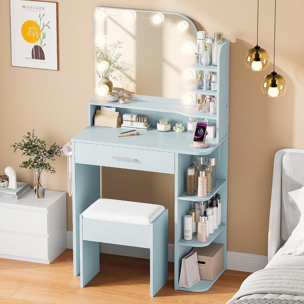 Small Vanity Desk with Mirror and Lights, 26.4" W Girls Vanity Set with ...